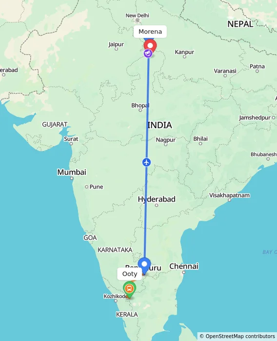 Route map showing distance and travel time from Ooty, India to Morena, India