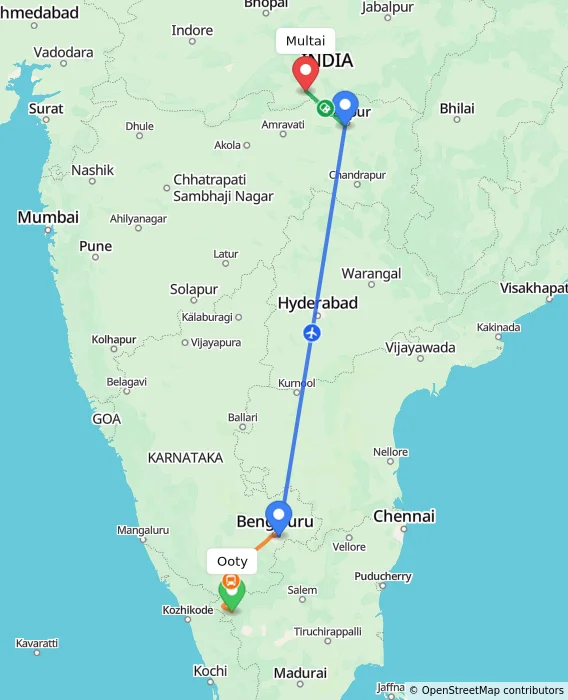 Route map showing distance and travel time from Ooty, India to Multai, India