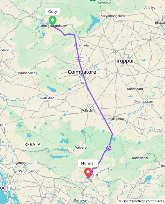 Route map showing distance and travel time from Ooty, India to Munnar, India