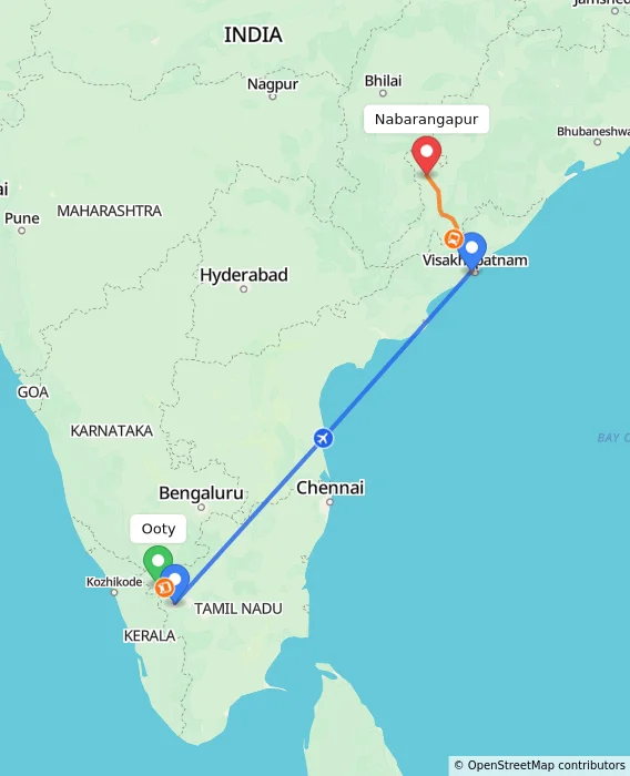 Route map showing distance and travel time from Ooty, India to Nabarangapur, India