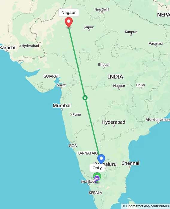 Route map showing distance and travel time from Ooty, India to Nagaur, India