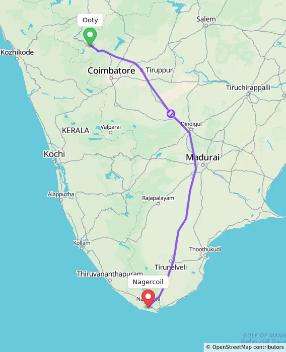Route map showing distance and travel time from Ooty, India to Nagercoil, India