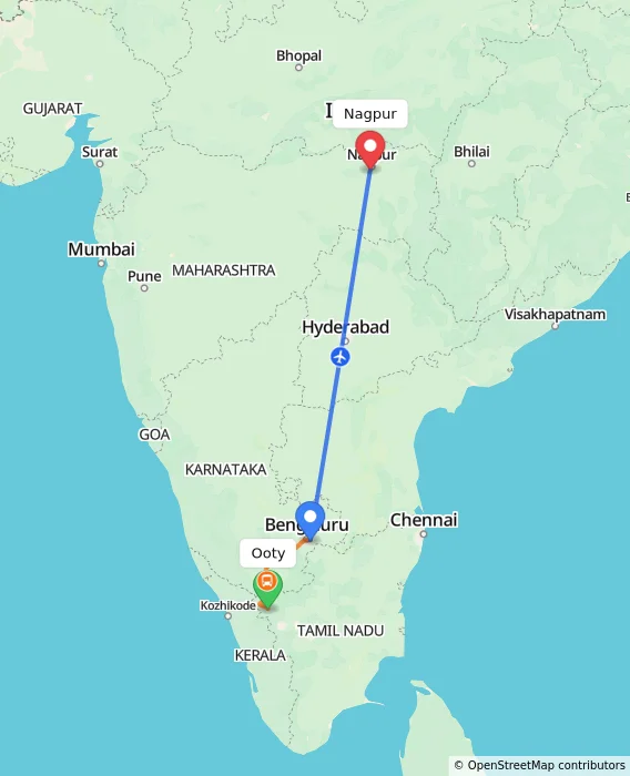 Route map showing distance and travel time from Ooty, India to Nagpur, India