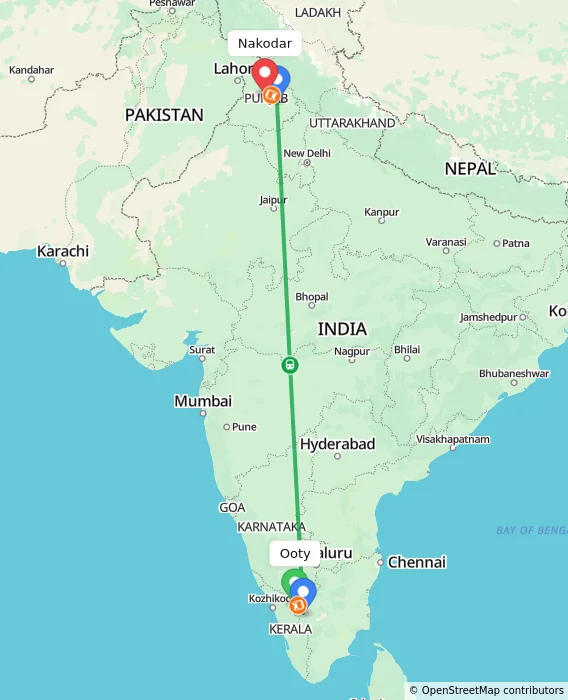 Route map showing distance and travel time from Ooty, India to Nakodar, India