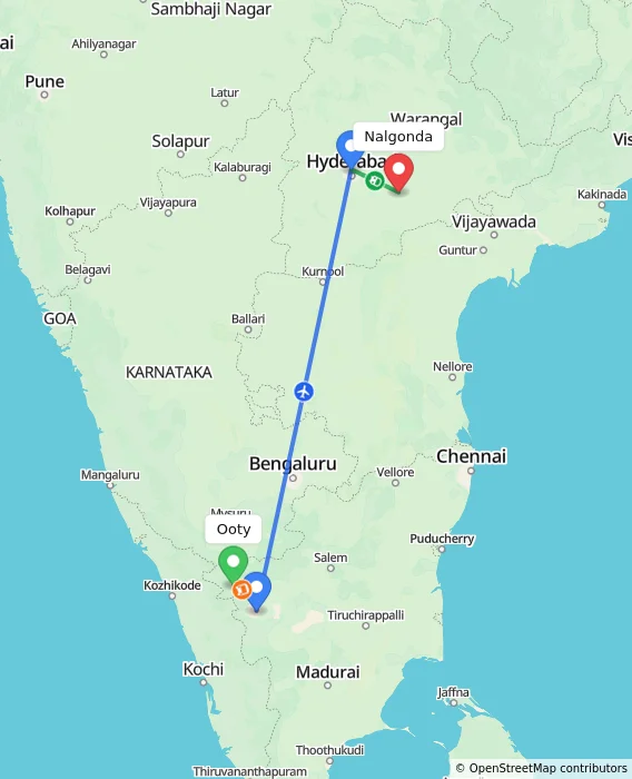 Route map showing distance and travel time from Ooty, India to Nalgonda, India