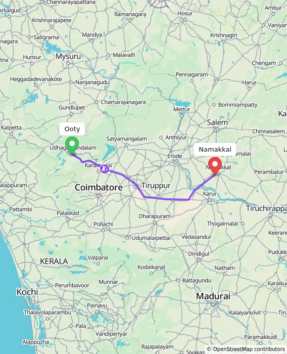 Route map showing distance and travel time from Ooty, India to Namakkal, India