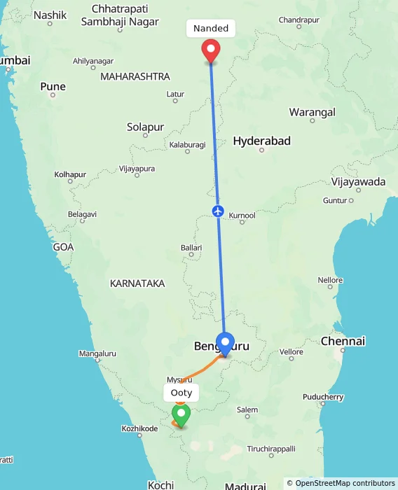 Route map showing distance and travel time from Ooty, India to Nanded, India