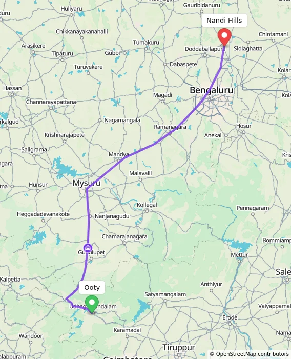 Route map showing distance and travel time from Ooty, India to Nandi Hills, India