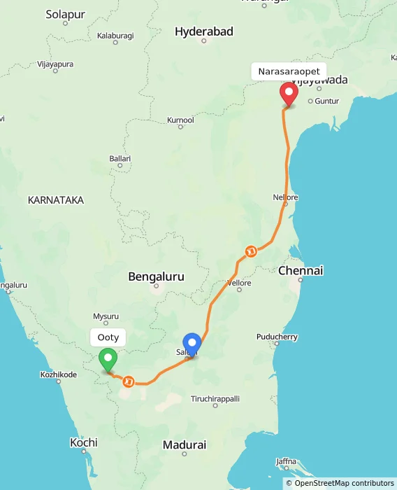 Route map showing distance and travel time from Ooty, India to Narasaraopet, India