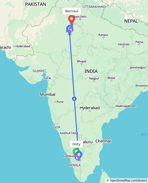 Route map showing distance and travel time from Ooty, India to Narnaul, India