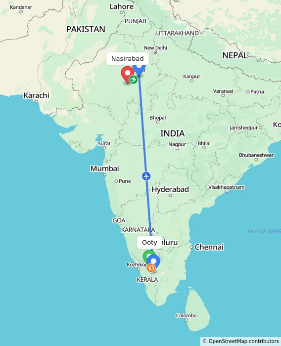 Route map showing distance and travel time from Ooty, India to Nasirabad, India