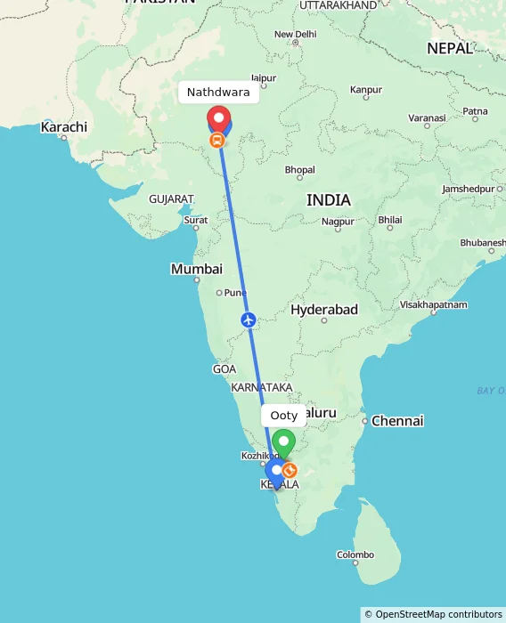 Route map showing distance and travel time from Ooty, India to Nathdwara, India