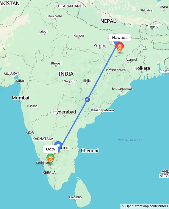 Route map showing distance and travel time from Ooty, India to Nawada, India