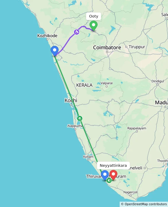 Route map showing distance and travel time from Ooty, India to Neyyattinkara, India
