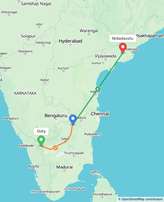 Route map showing distance and travel time from Ooty, India to Nidadavolu, India
