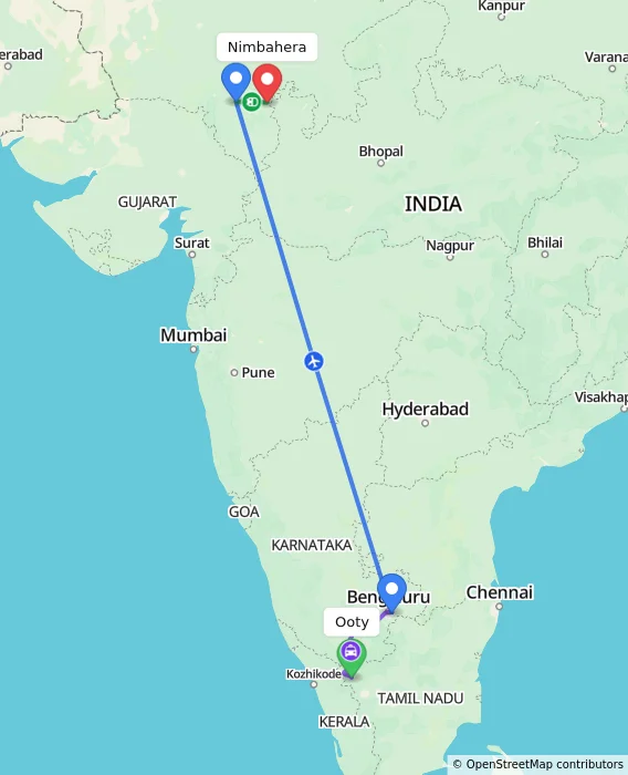 Route map showing distance and travel time from Ooty, India to Nimbahera, India