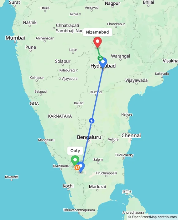 Route map showing distance and travel time from Ooty, India to Nizamabad, India
