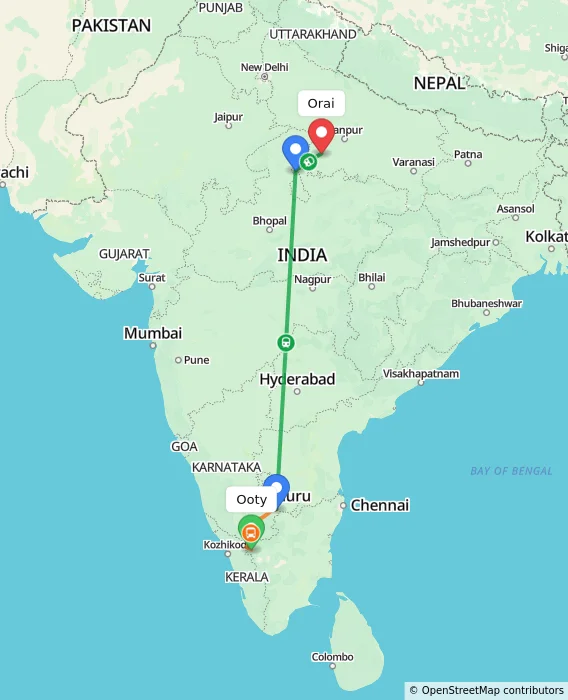 Route map showing distance and travel time from Ooty, India to Orai, India