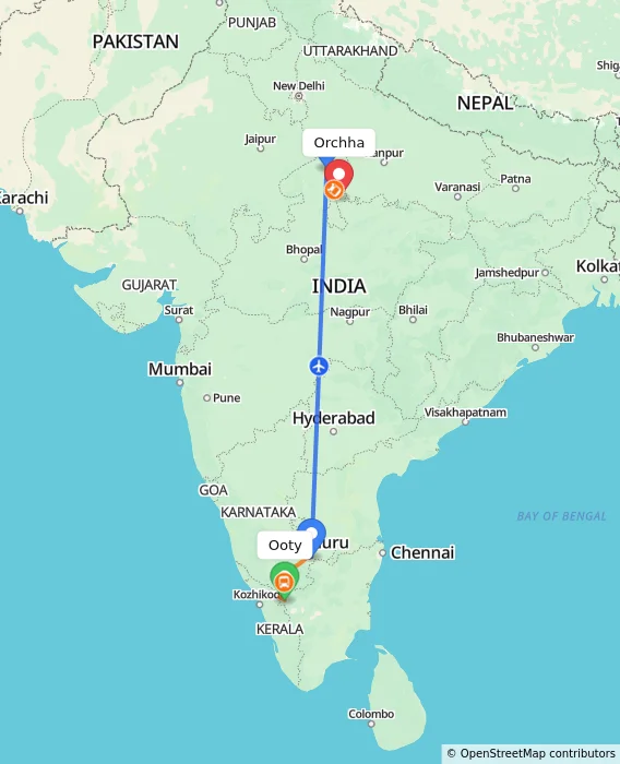 Route map showing distance and travel time from Ooty, India to Orchha, India