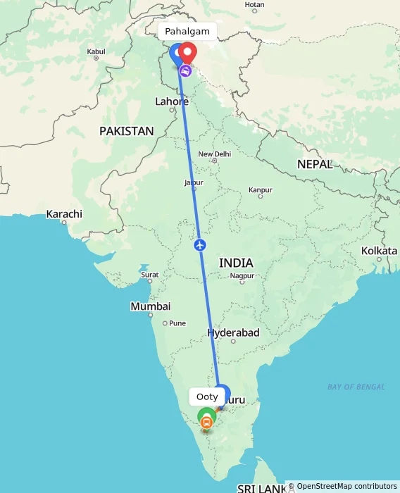 Route map showing distance and travel time from Ooty, India to Pahalgam, India