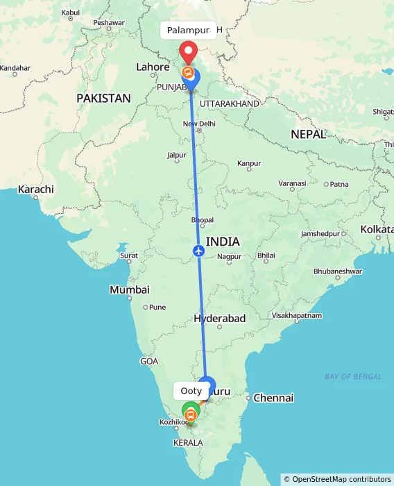 Route map showing distance and travel time from Ooty, India to Palampur, India