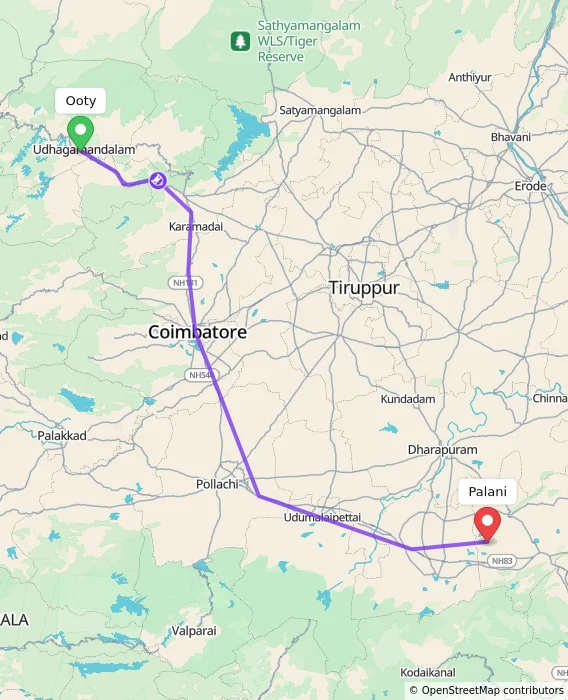 Route map showing distance and travel time from Ooty, India to Palani, India