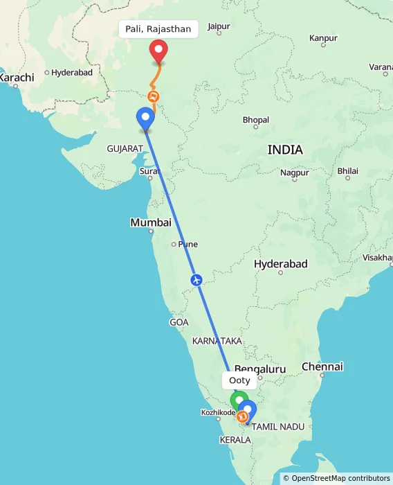 Route map showing distance and travel time from Ooty, India to Pali, Rajasthan, India
