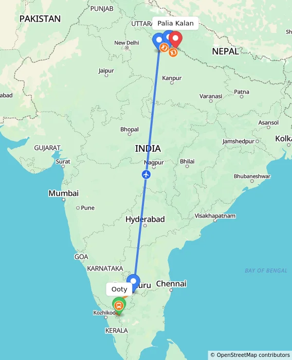 Route map showing distance and travel time from Ooty, India to Palia Kalan, India