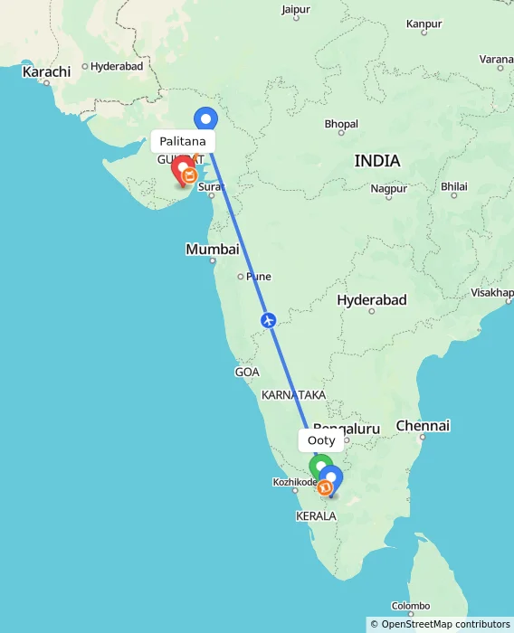 Route map showing distance and travel time from Ooty, India to Palitana, India