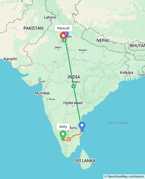 Route map showing distance and travel time from Ooty, India to Pataudi, India