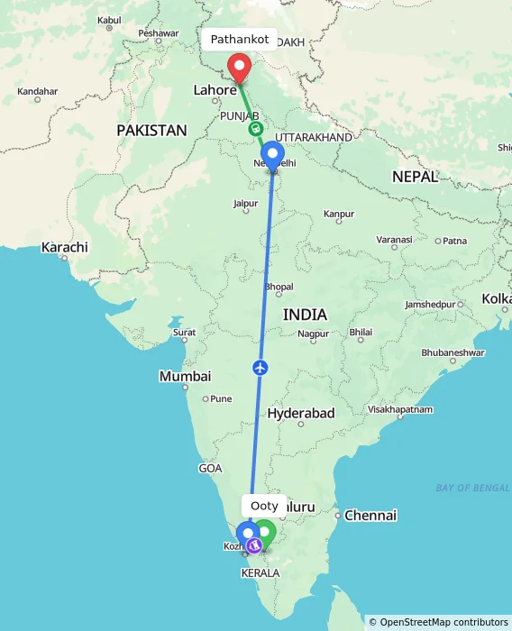 Route map showing distance and travel time from Ooty, India to Pathankot, India