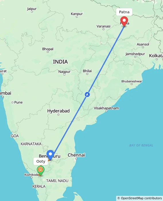 Route map showing distance and travel time from Ooty, India to Patna, India