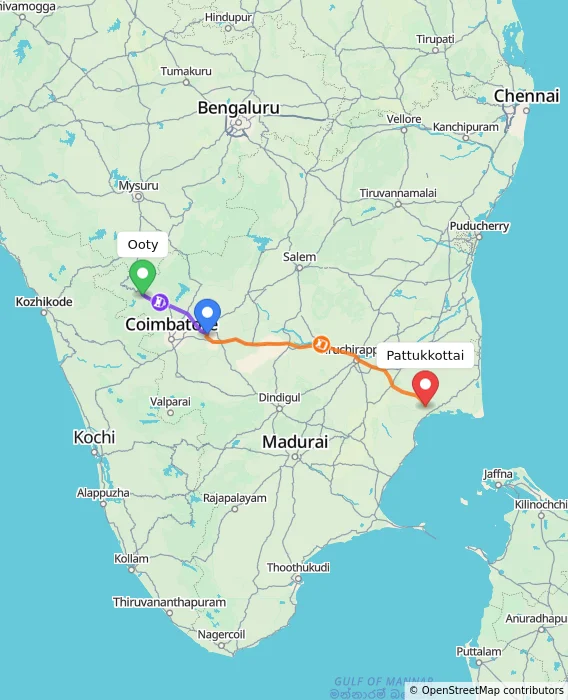 Route map showing distance and travel time from Ooty, India to Pattukkottai, India