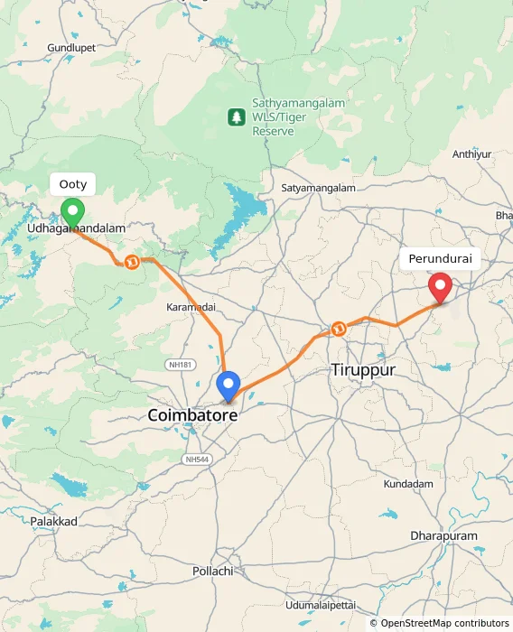 Route map showing distance and travel time from Ooty, India to Perundurai, India