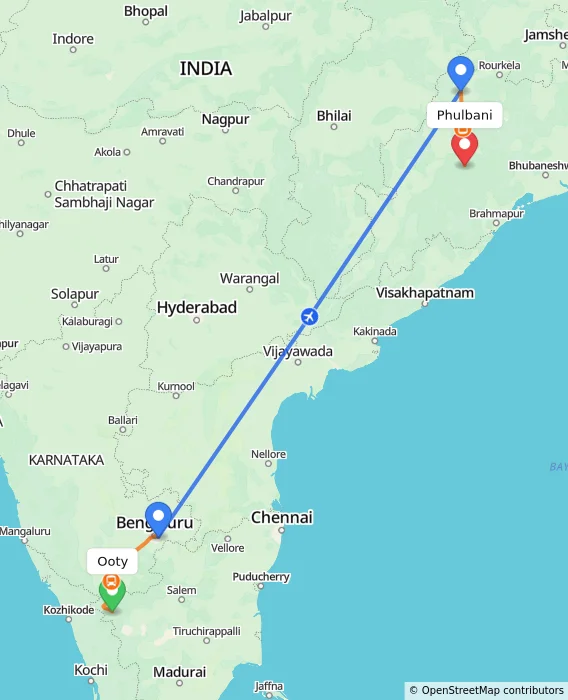Route map showing distance and travel time from Ooty, India to Phulbani, India