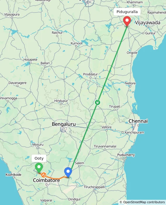Route map showing distance and travel time from Ooty, India to Piduguralla, India