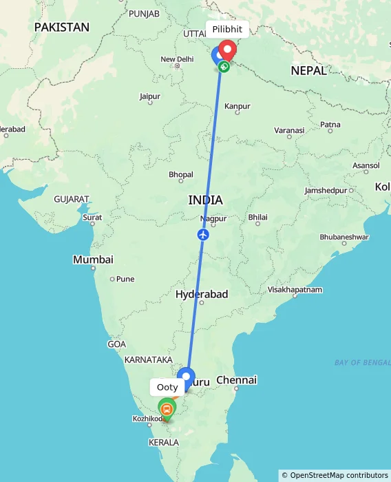 Route map showing distance and travel time from Ooty, India to Pilibhit, India