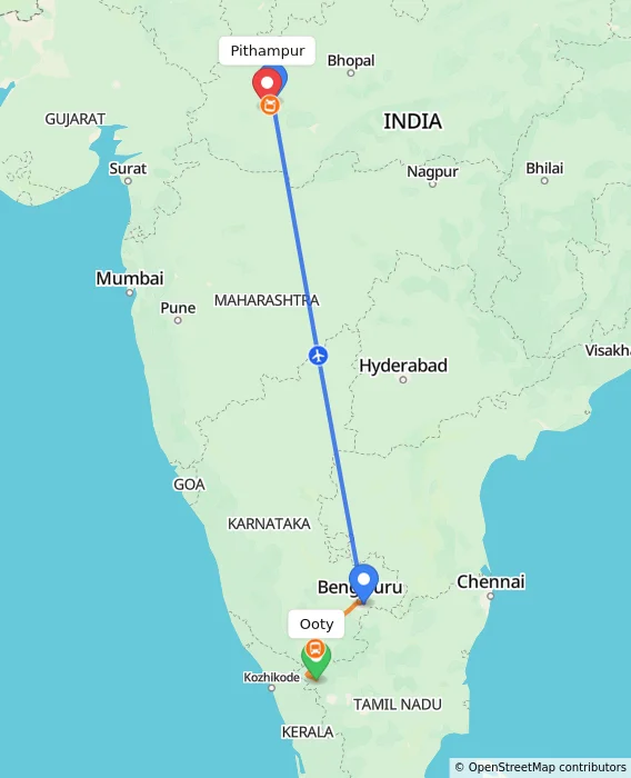 Route map showing distance and travel time from Ooty, India to Pithampur, India