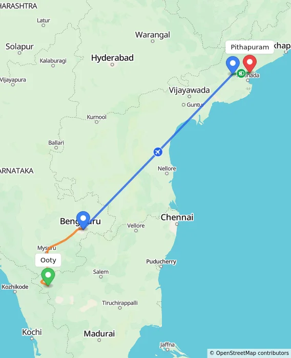 Route map showing distance and travel time from Ooty, India to Pithapuram, India