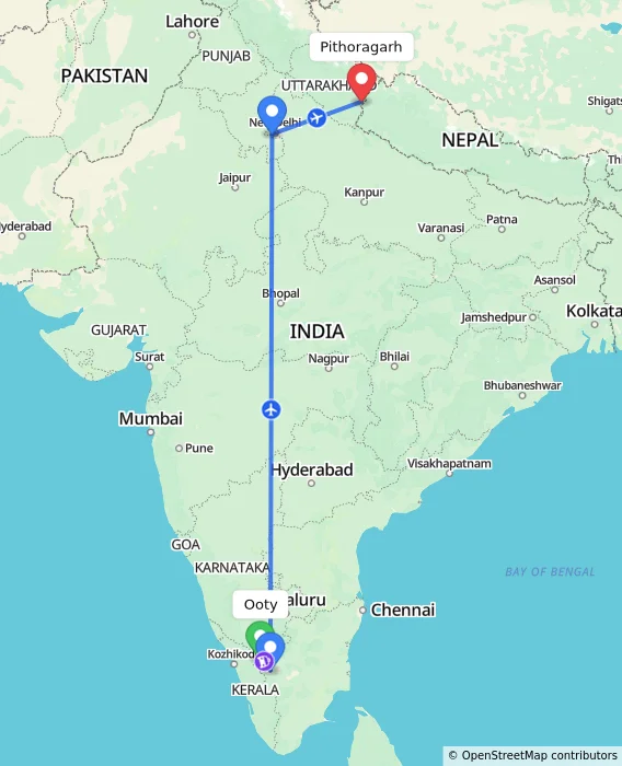 Route map showing distance and travel time from Ooty, India to Pithoragarh, India