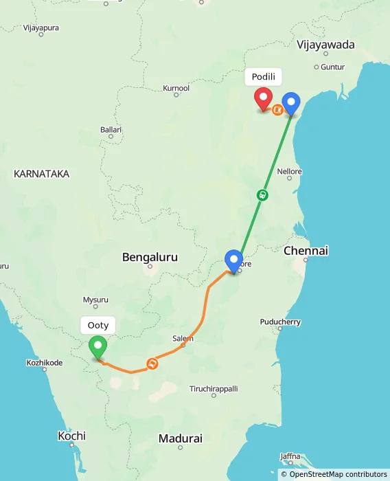 Route map showing distance and travel time from Ooty, India to Podili, India