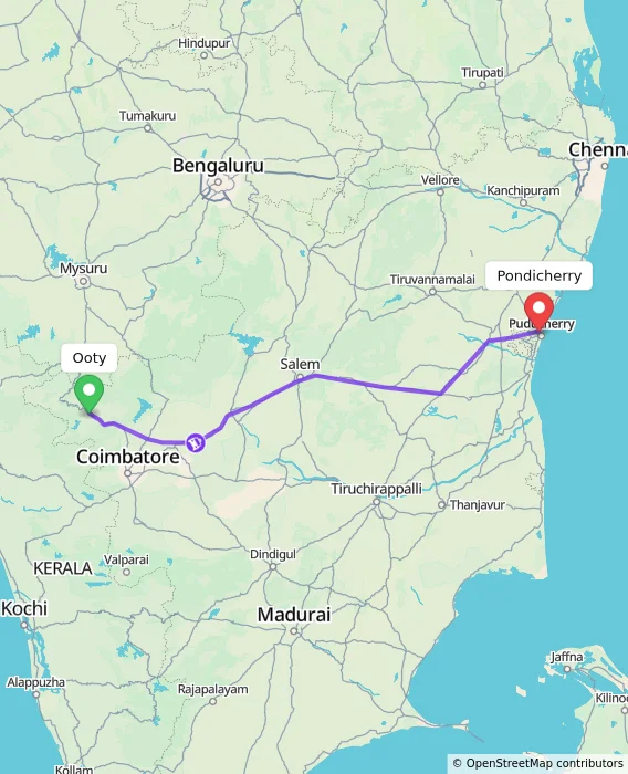 Route map showing distance and travel time from Ooty, India to Pondicherry, India