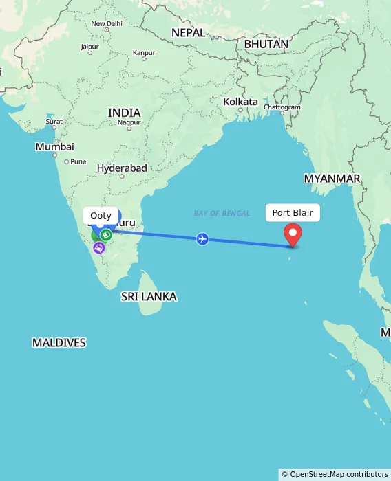 Route map showing distance and travel time from Ooty, India to Port Blair, India