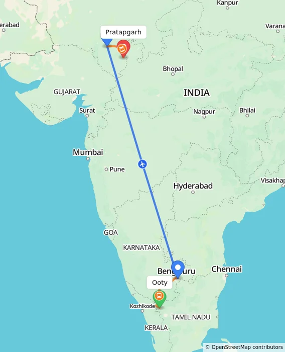 Route map showing distance and travel time from Ooty, India to Pratapgarh, India