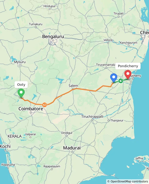 Route map showing distance and travel time from Ooty, India to Puducherry, India