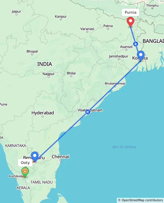 Route map showing distance and travel time from Ooty, India to Purnia, India
