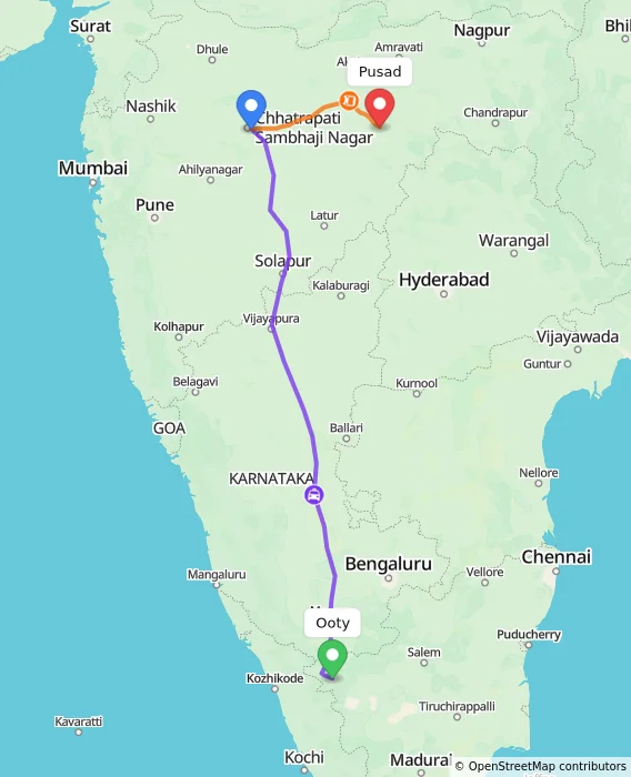 Route map showing distance and travel time from Ooty, India to Pusad, India