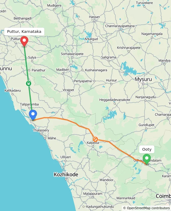 Route map showing distance and travel time from Ooty, India to Puttur, Karnataka, India