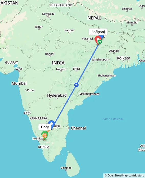 Route map showing distance and travel time from Ooty, India to Rafiganj, India