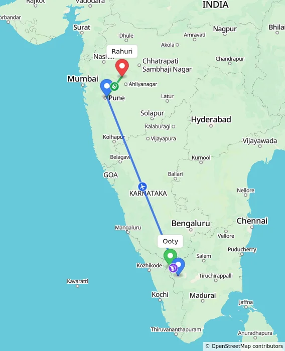 Route map showing distance and travel time from Ooty, India to Rahuri, India